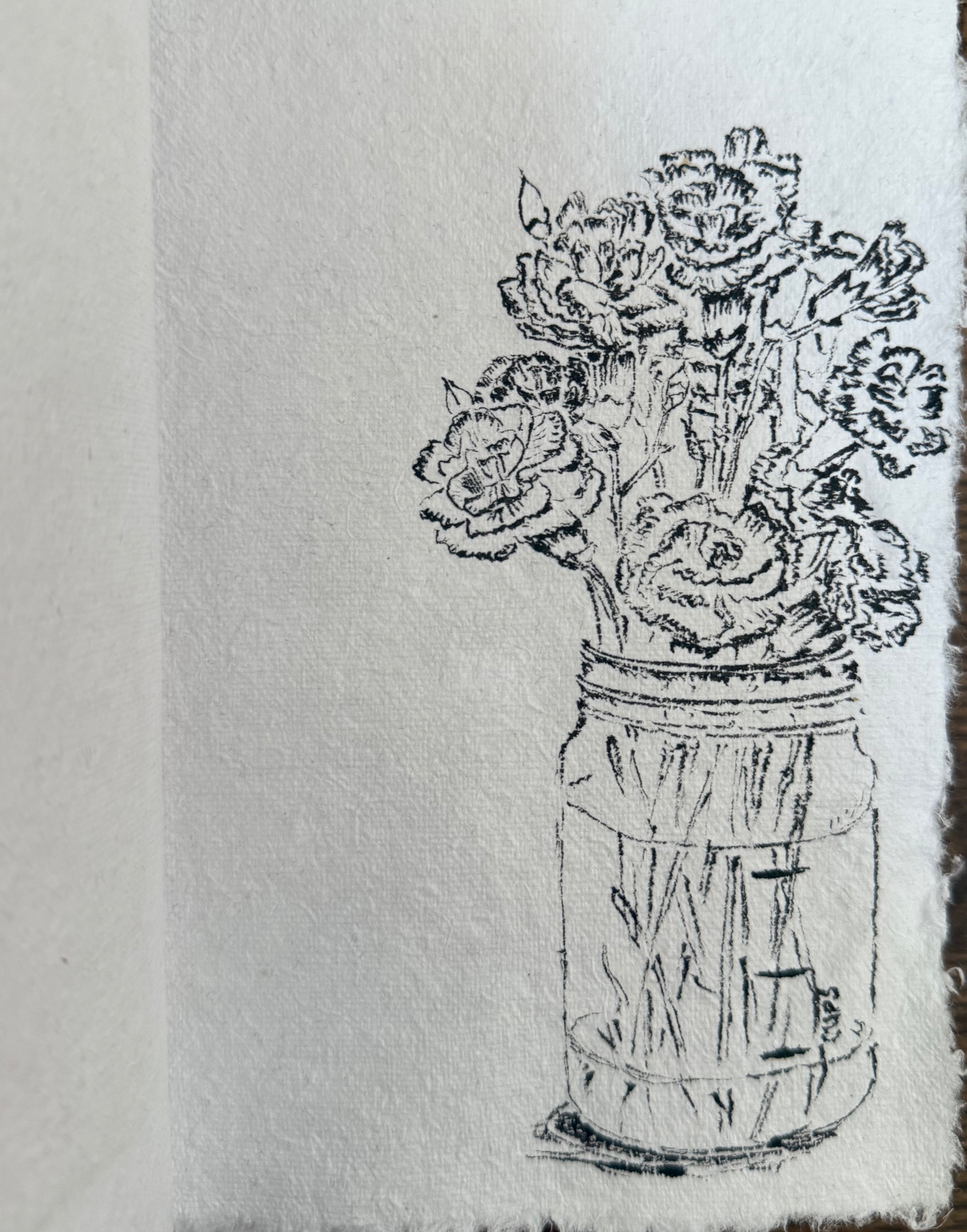 Black and white ink sketch of carnations in a jar on textured cotton paper. March 2025.
